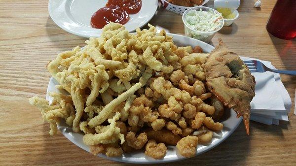 Clam strips, popcorn shrimp, and deviled crab.