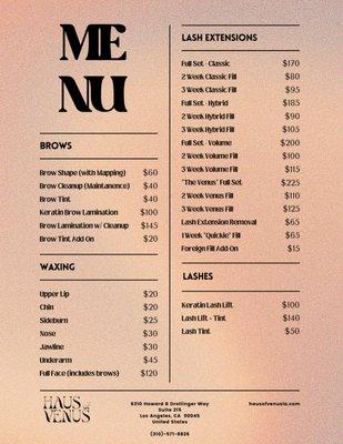 Haus of Venus Service Menu #eyebrows #eyelashes