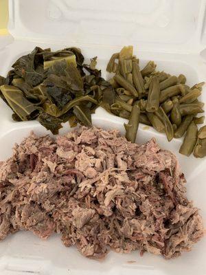 Pulled pork, collards and green beans. Delicious!