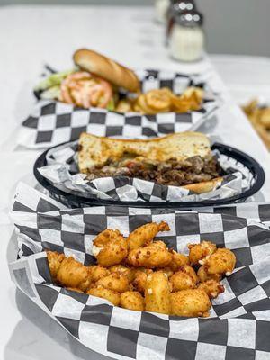 Cheese Curds, Philly Cheesesteak and burger.