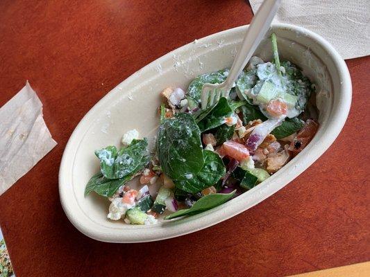 Greek chicken souvlaki salad. Love the spinach and feta!