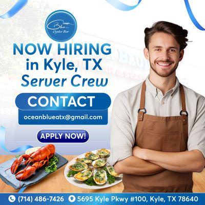 NOW HIRING in Kyle, TX: Server Crew! 
Ocean Blue Oyster Bar Kyle is on the lookout for friendly and enthusiastic servers to join our team!