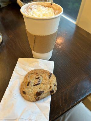 Hot chocolate and chocolate chip cookie