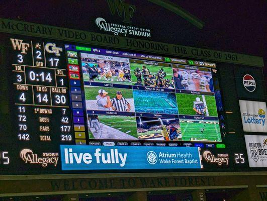 Video board. Play under review. Wake Forest vs Georgia Tech football. September 23, 2023.