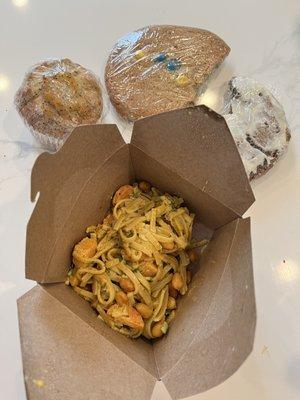 Chiang Mai Thai Noodles, lemon poppyseed muffin, M&M cookie, iced ginger snap cookie (leftovers)