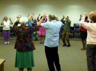 Getting everyone involved in the chicken dance.