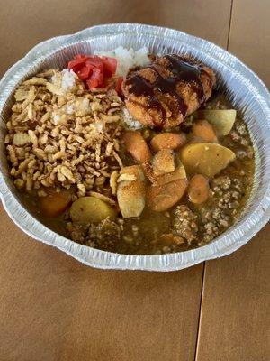 The Ronin - Beef curry w vegetables and rice. We added the crispy onions and potato croquette.