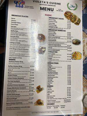 Breakfast and drinks menu