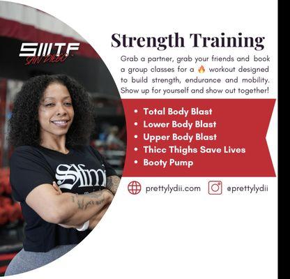 Group Class Offerings. Book a class for a great strength training workout that has a flavor of HIIT. All fitness levels welcome!