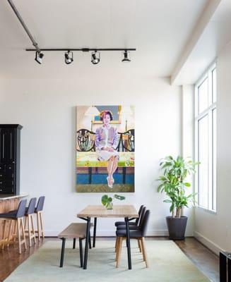 Branch table & bench, Chip counter stools and dining chairs. Interior Design by J.Fisher Interiors