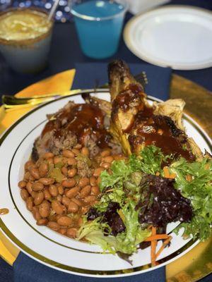 Tri tip, BBQ chicken, chili beans, green salad