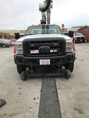 One of our rental bucket trucks. 
 42 ft working height, insulated bucket truck with hi-rail gear.