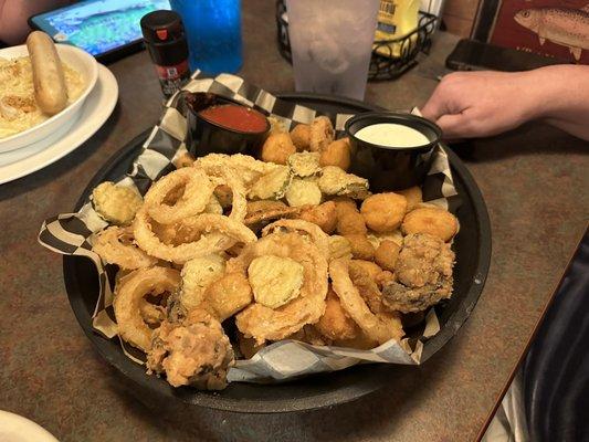 Appetizer fried pickles, okra, onion rings, cauliflower, corn, and mushroom all fried.