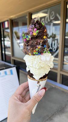 Medium-size of the Confetti brownie batter (new monthly flavor!) and Banana cream pie in a chocolate dipped waffle cone :)