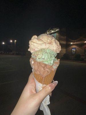 Bottom to top: Chocolate, mint chocolate chip, strawberry