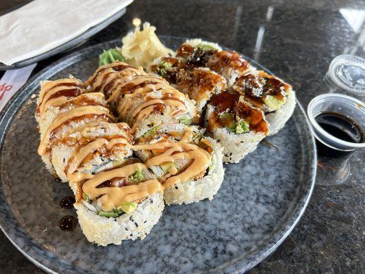 Left: crab crunch roll (cooked), right: salmon skin roll (cooked)