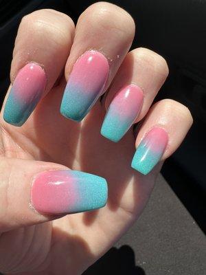 Ombre coffin nails with pink & sparkly teal