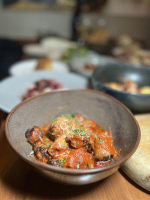 Lamb meatballs made with moroccan spices, sauce bravas, medjool date, and pickled white fig.