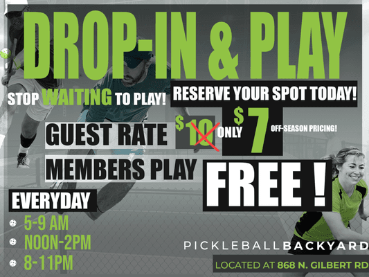 Drop In and play starting at 7pm on select nights! Go to pickleballbackyard.com to learn more