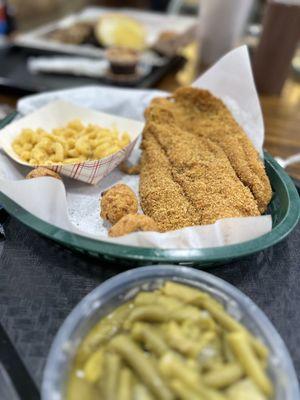 2pc Catfish Plate with Mac & Cheese and a side of Green Beans - yum!