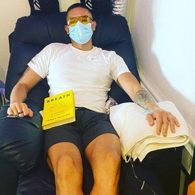 NAD+ IV therapy to replenish the body's cell and mitochondrial power.  Book "Breath" by James Nestor is a must read.  True Dark glasses too!