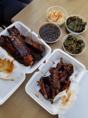 Ribs, greens, potato salad and beans