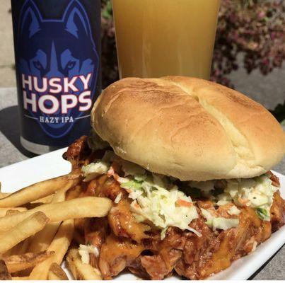 Fried buffalo chicken sandwich. Husky Hops Hazy IPA beer.