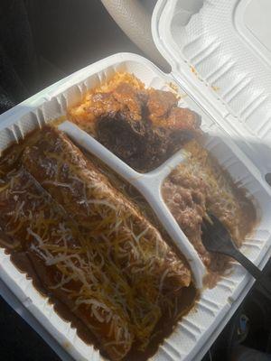 Combo Plate #5  2 Chicken Enchiladas , Rice & Beans  Add 1 scoop of Chile Colorado to the rice