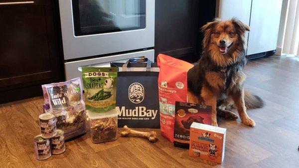 Bruno and all of his Lamb Protein Goodies from MudBay!