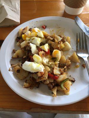 Hash with poached eggs.