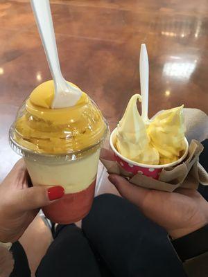 Medium 50/50 (mango freeze, pineapple soft serve, strawberry freeze) and small pineapple and mango soft serve