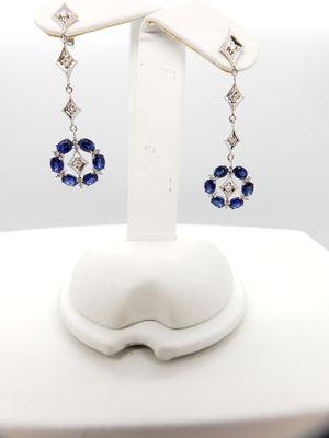 Custom diamond & sapphire drop dangle earrings.