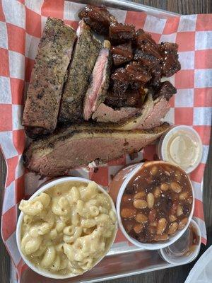 ribs, brisket, pork belly tips  sides: mac and cheese, beans