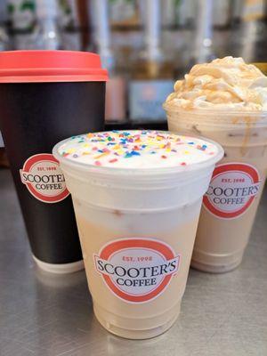 Seasonal drinks, Hot Caramelicious, Iced Birthday Cake, and Iced Butterscotch Caramelicious