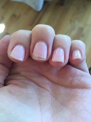 I've never seen gel nails chip like this in less than 24 hours... And look what a terrible job they did of my cuticles!