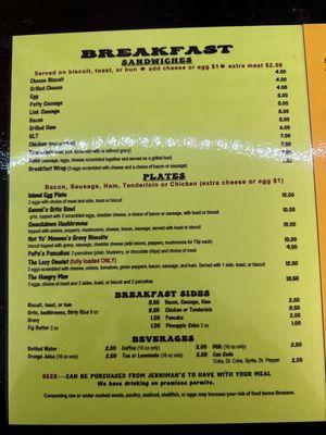 Breakfast menu