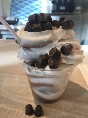 Vegan soft serve ice cream made of coconut milk topped with chocolate gems. Not my favorite!