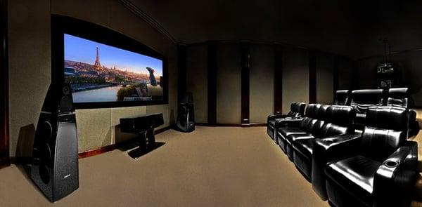 One of our demo rooms, featuring the Meridian 810 Reference projector and a 9.2 Meridian surround system.