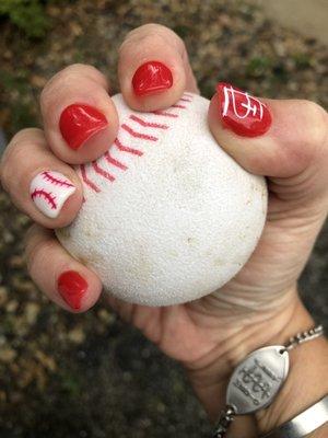 StL Baseball Nails.  Combo of dip and gel.