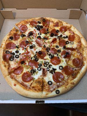 Pepperoni, black olives, bell peppers. Our favorite!