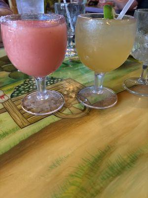 Frozen strawberry margarita & peach margarita on the rocks