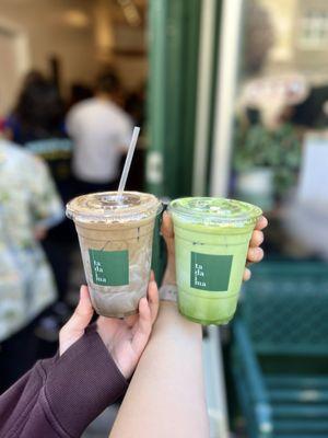 matcha latte, hojicha latte