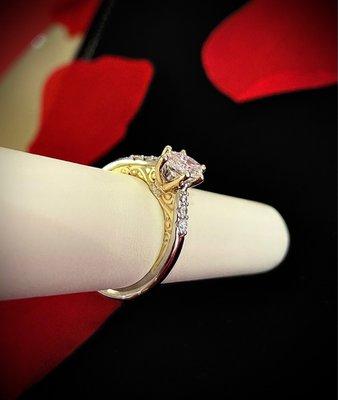 Beautiful Custom Piece made by Bob. 14K Two Tone Marquis Engagement Ring with beautiful filigree on the side.