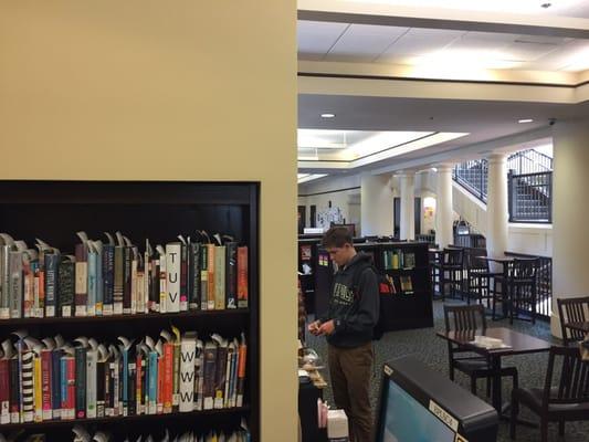 View of cafe seating inside the library