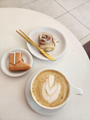 Cinnamon roll, caramel macchiato macaron, and Spanish katte