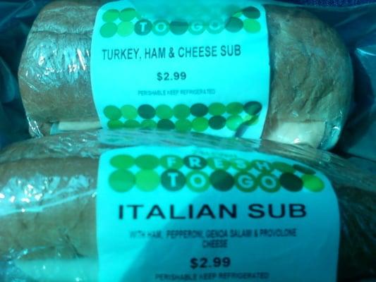 1/2 subs $2.99; Turkey, ham, and cheese; Italian cold cut; get condiments on the side