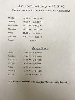 Shop and Range Hours