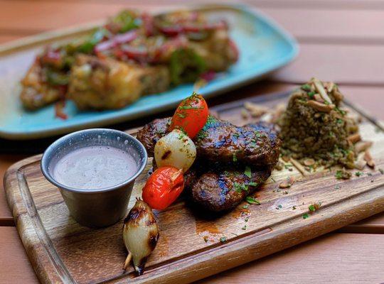 Kufta: Ground beef+lamb kabob w/ onions, parsley, mediterranean spices, freekeh, house tahini sauce | $18