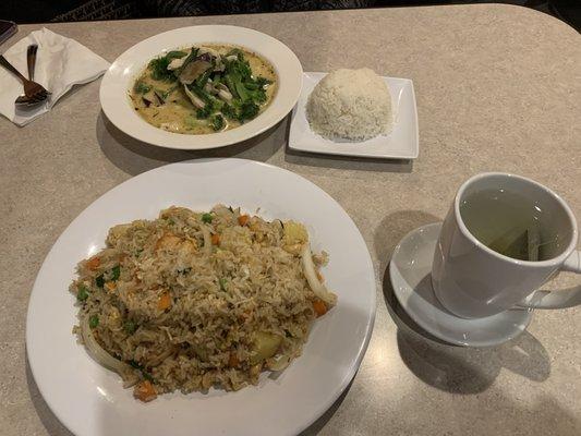 Pineapple fried rice and green curry.