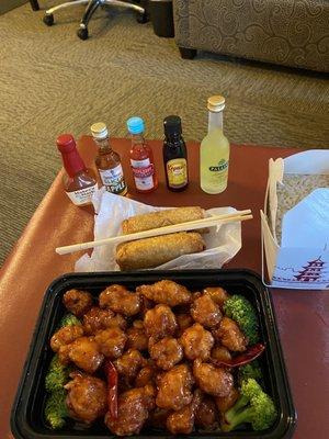 General Tao Chicken with (actual) brown rice, broccoli and egg rolls.